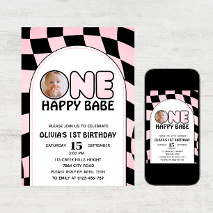 Invitation One Happy Babe Retro Super Girl Photo Anniversaire