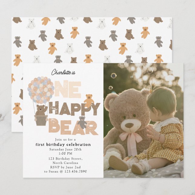 Invitation One Happy Bear Invite 1st  First Birthday Photo (Devant / Derrière)