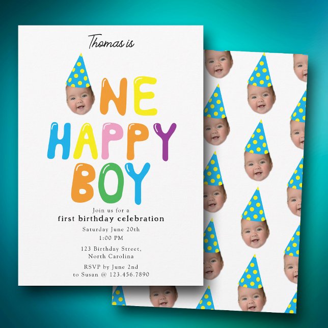 Invitation One Happy Boy  Birthday Invite 1st Birthday Photo  (One Happy Boy Birthday Invite 1st Birthday Photo)