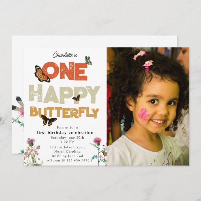 Invitation One Happy Butterfly 1st Wildflower Birthday Photo (Devant / Derrière)