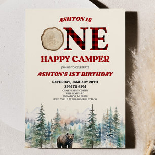 Invitation ONE Happy Camper Bear Rouge 1er anniversaire fête