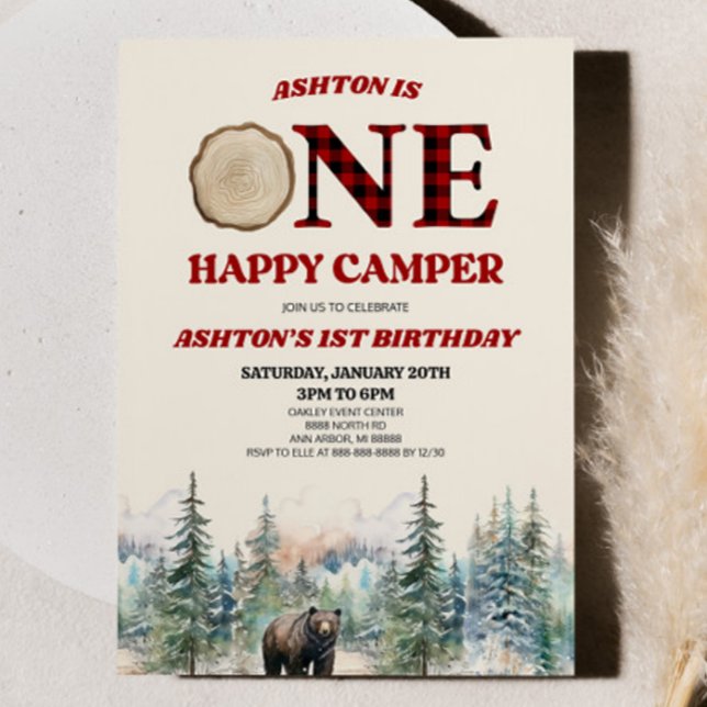 Invitation ONE Happy Camper Bear Rouge 1er anniversaire fête (Créateur téléchargé)