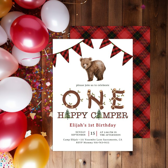 Invitation One Happy Camper Forest Boy's 1st Birthday Party I (One Happy Camper Birthday Invite)