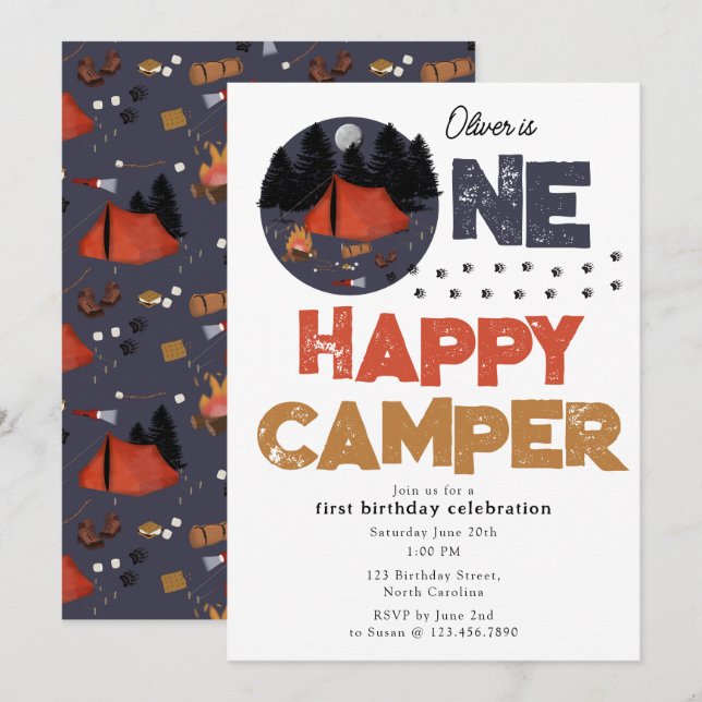 Invitation One Happy Camper pour le 1er anniversai (Devant / Derrière)