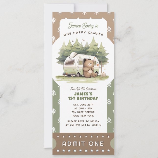 Invitation One Happy Camper Ticket Admit One (Devant)