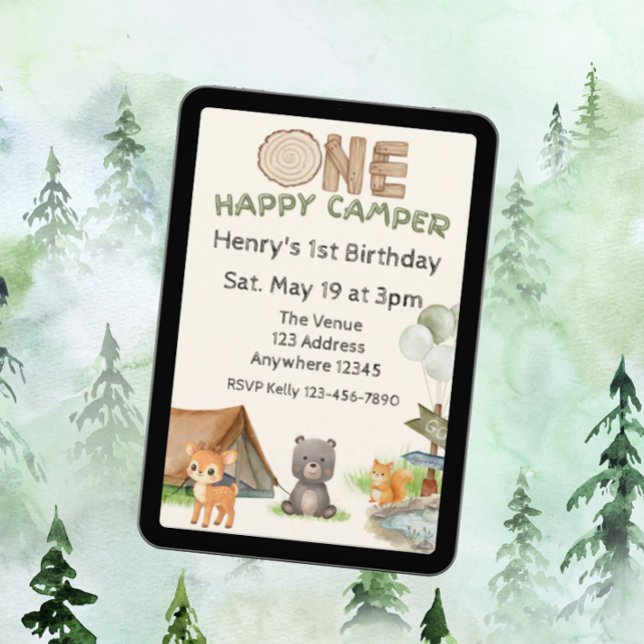 Invitation One Happy Camper Wood Watercolor Animal Birthday (Créateur téléchargé)