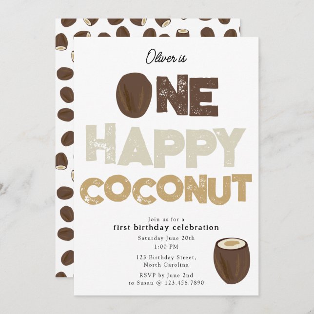 Invitation One Happy Coconut Invite 1st Summer Birthday (Devant / Derrière)