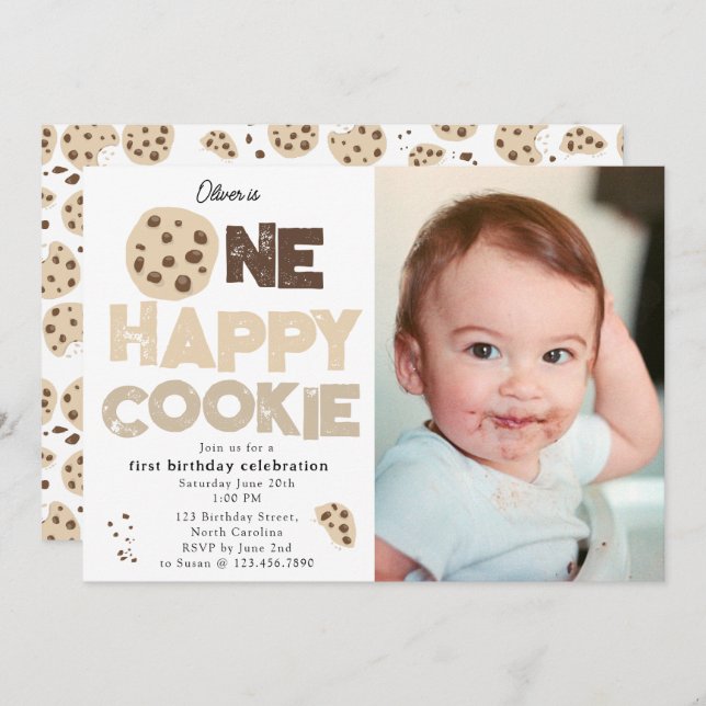 Invitation One Happy Cookie Invite 1st  First Birthday Photo (Devant / Derrière)