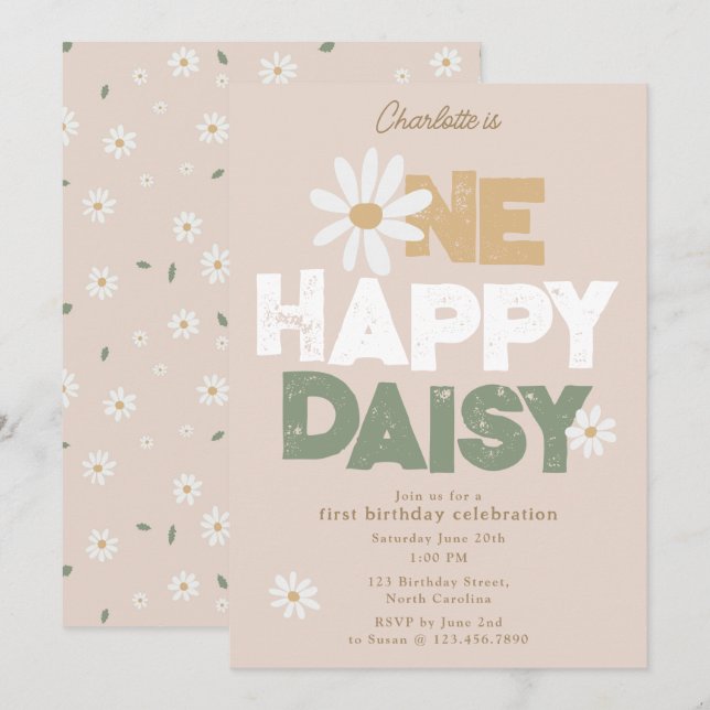 Invitation One Happy Daisy Invite 1st  First Birthday Cute (Devant / Derrière)