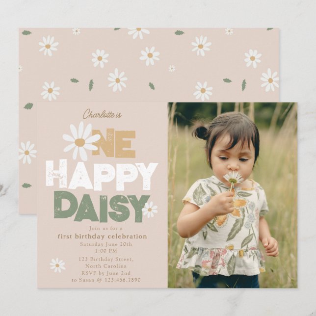 Invitation One Happy Daisy pour 1er  Premier Anniv (Devant / Derrière)