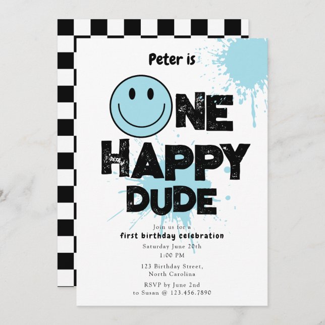 Invitation One Happy Dude Invite 1st First Birthday Boy Blue (Devant / Derrière)
