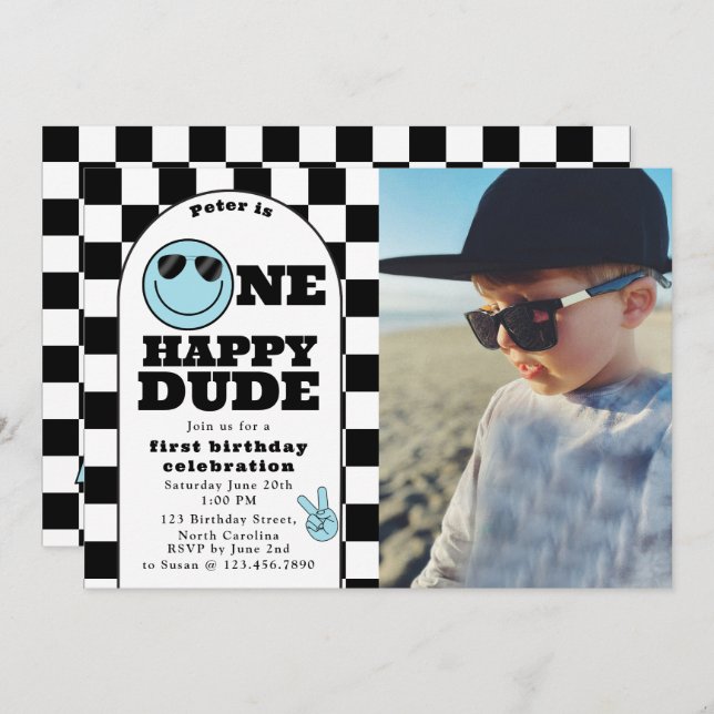 Invitation One Happy Dude Invite 1st First Birthday Boy Photo (Devant / Derrière)