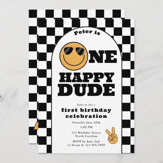 Invitation One Happy Dude Invite 1st First Birthday Cute Boy (Devant / Derrière)