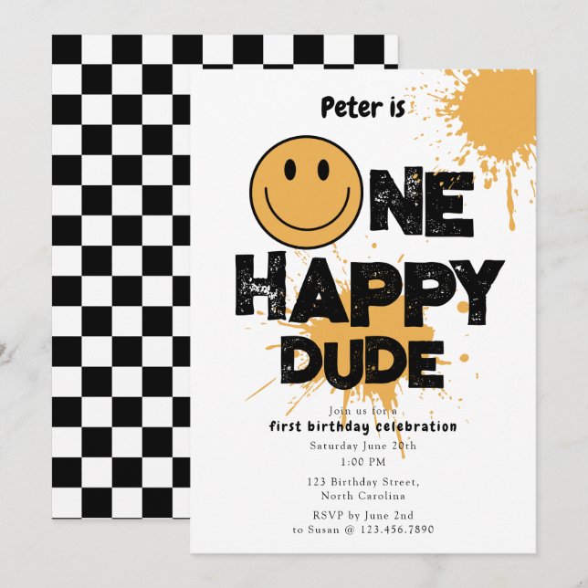 Invitation One Happy Dude pour un Premier Annivers (Devant / Derrière)