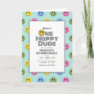 Invitation "One Happy Dude" Retro Smile 1er anniversaire fête