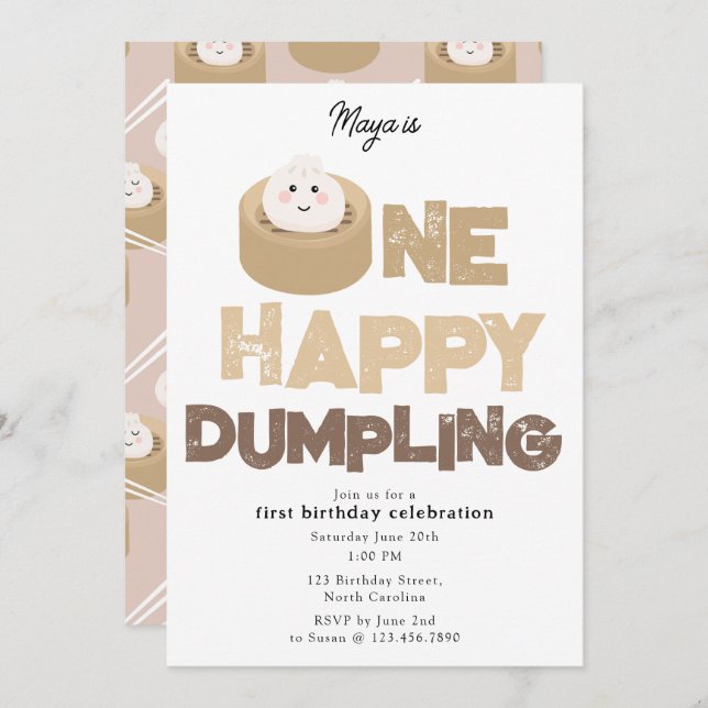 Invitation One Happy Dumpling Invite 1st  First Birthday Cute (Devant / Derrière)