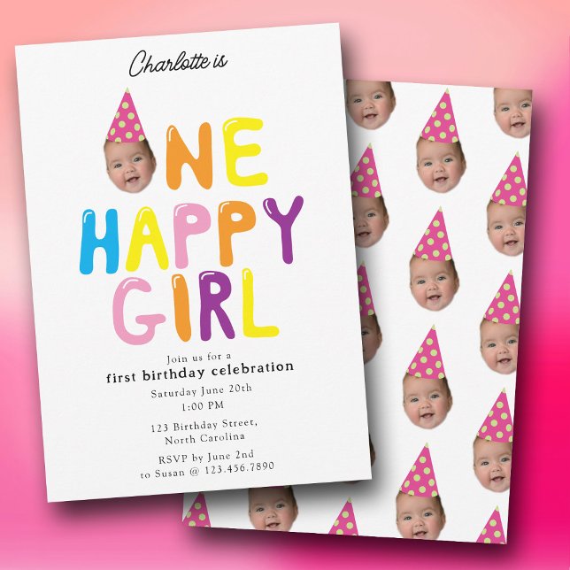 Invitation One Happy Girl Birthday Invite 1st Birthday Photo  (One Happy Girl Birthday Invite 1st Birthday Photo)