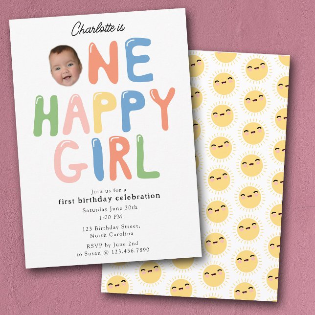 Invitation One Happy Girl Birthday Invite 1st Birthday Photo (One Happy Girl Birthday Invite 1st Birthday Photo)