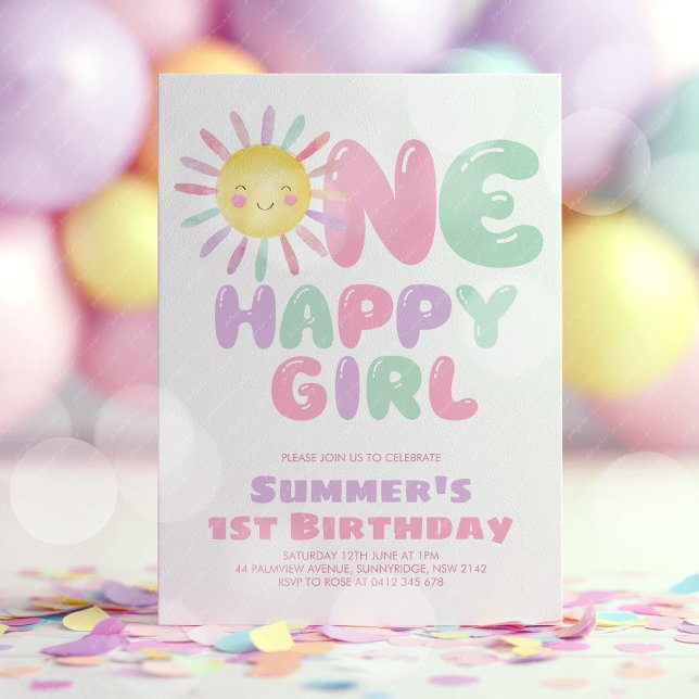 Invitation One Happy Girl Sun 1st Birthday Pink Green (One Happy Girl! Girl's sun 1st birthday invitation in pink, green, purple. )
