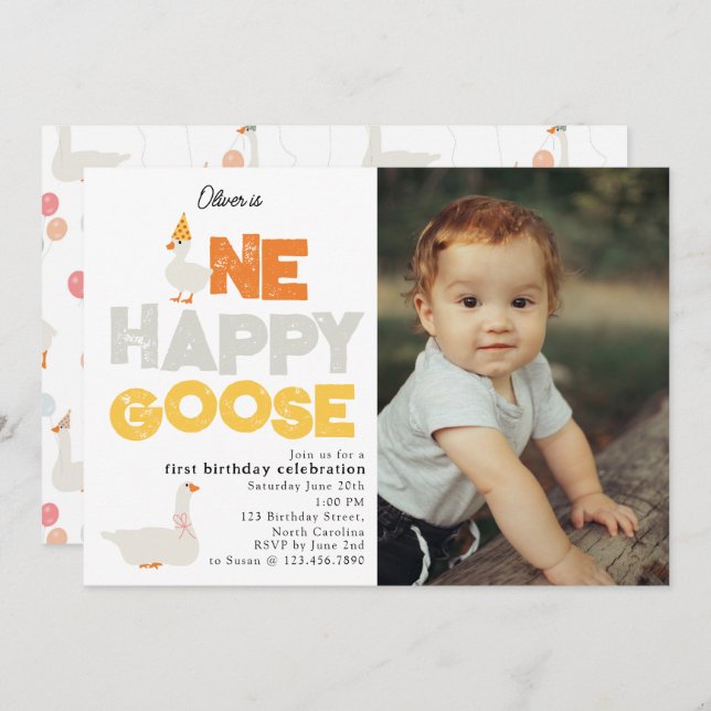 Invitation One Happy Goose Invite 1st  First Birthday Photo (Devant / Derrière)