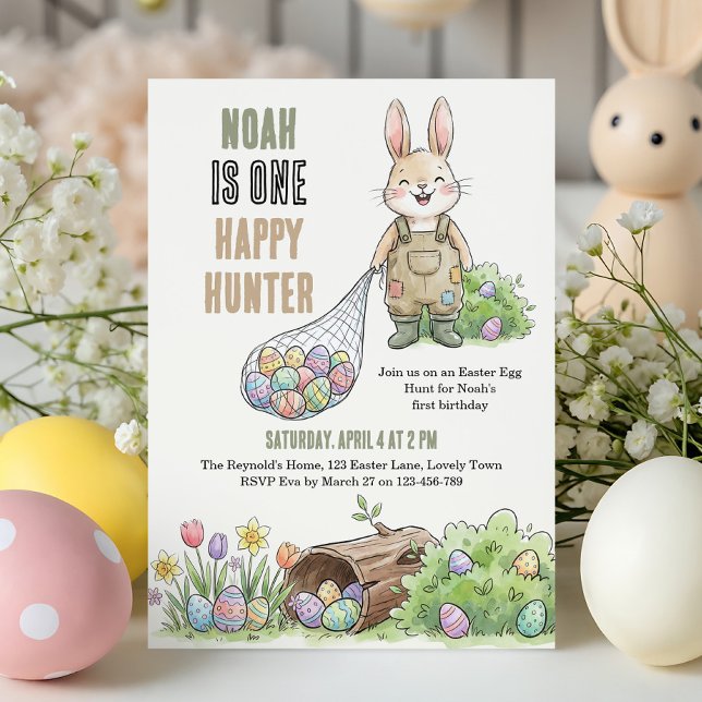 Invitation One Happy Hunter Easter Themed First Birthday (One Happy Hunter - Easter egg hunt themed 1st birthday invitation)