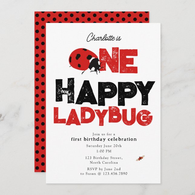 Invitation One Happy Ladybug Invite 1st First Birthday Cute (Devant / Derrière)