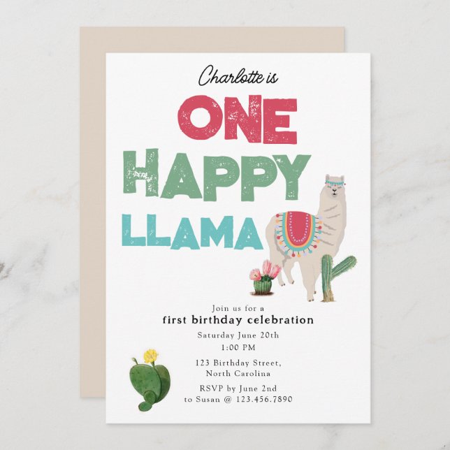 Invitation One Happy Llama Invite 1st Girl Birthday (Devant / Derrière)