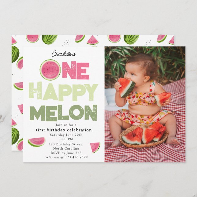 Invitation One Happy Melon 1st Summer Birthday Photo (Devant / Derrière)