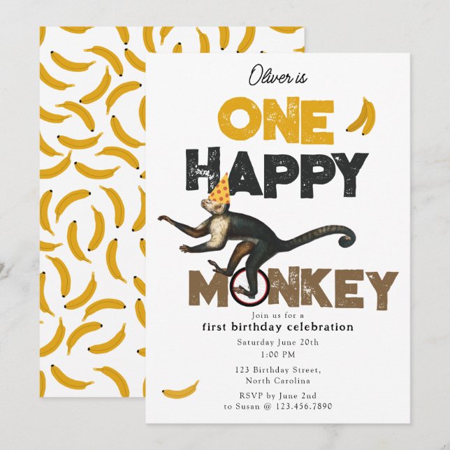 Invitation One Happy Monkey Cute Invite 1st First Birthday (Devant / Derrière)