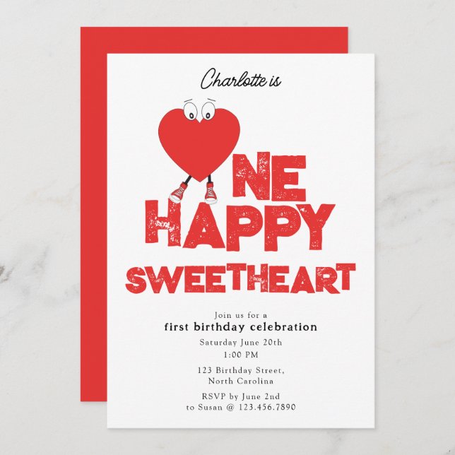 Invitation One Happy Sweetheart Invite 1st Girl Birthday (Devant / Derrière)