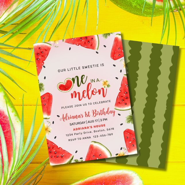 Invitation One In A Melon 1er Birthday Watermelon Birthday (One in a Melon  Watermelon Slice Invitation – Cute, Editable & Perfect for Summer Parties!")