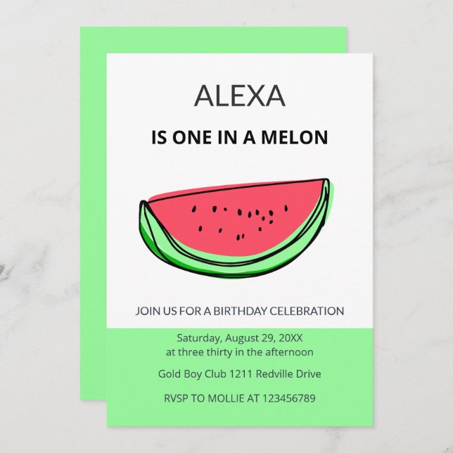 Invitation One in a Melon 1st Birthday Watermelon Birthday (Devant / Derrière)