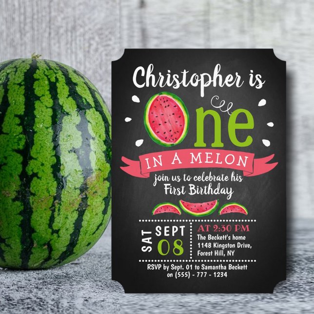 Invitation One In A Melon Chalkboard 1er anniversaire (Créateur téléchargé)