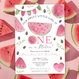 Invitation One in a Melon Cute Watermelon Girl 1er anniversai