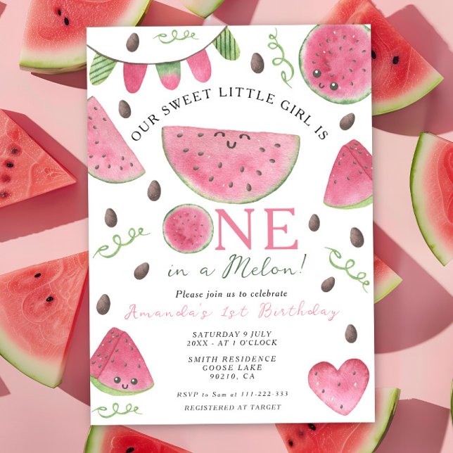 Invitation One in a Melon Cute Watermelon Girl 1er anniversai (Créateur téléchargé)