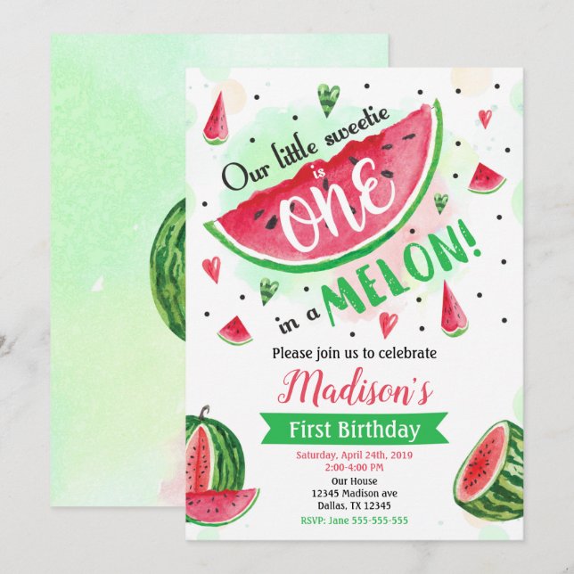 Invitation One in a Melon Invitation, Watermelon 1er Annivers (Devant / Derrière)