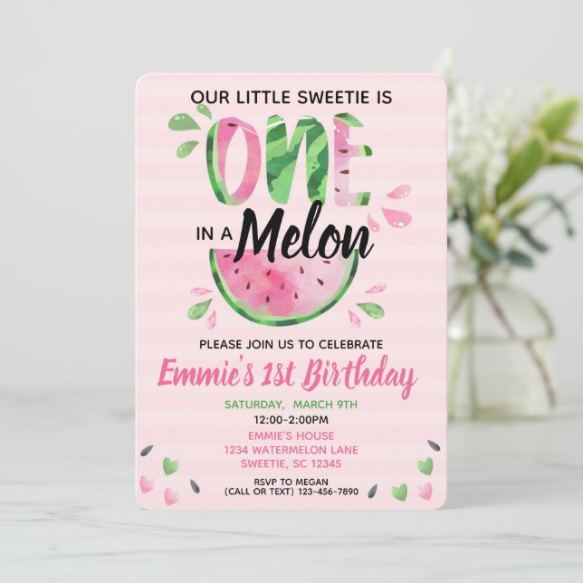 Invitation One in a Melon Little Girl First Birthday Invitati (Debout devant)