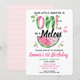 Invitation One in a Melon Little Girl First Birthday Invitati
