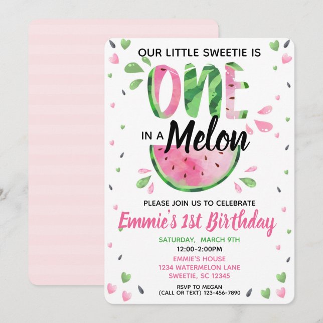 Invitation One in a Melon Little Girl First Birthday Invitati (Devant / Derrière)