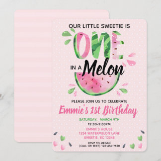 Invitation One in a Melon Little Girl First Birthday Invitati