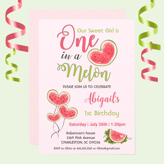 Invitation One In A Melon Rose Girl 1er anniversaire (1st Birthday invitation for girl with watercolor watermelon in a heart shape, One in a melon,)