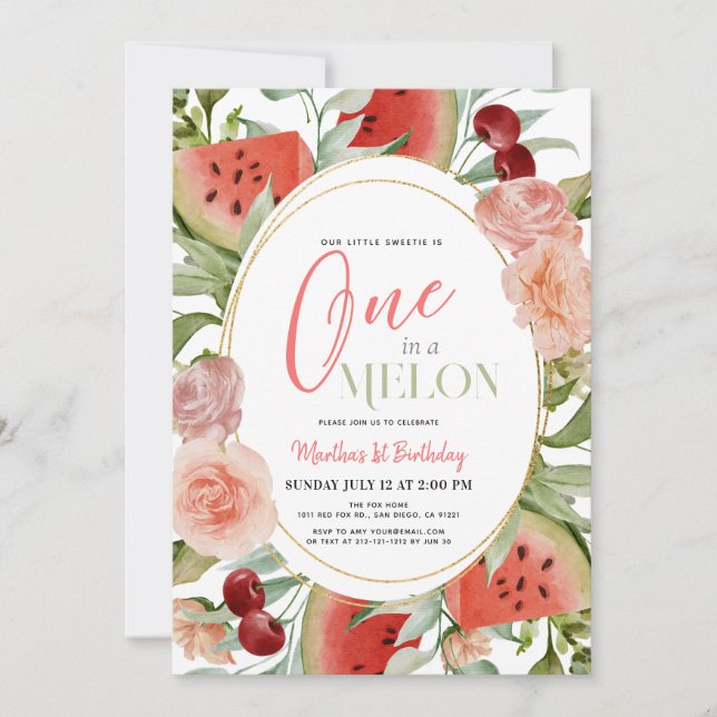 Invitation One in a Melon Watermelon Floral Girl 1er annivers (Devant)