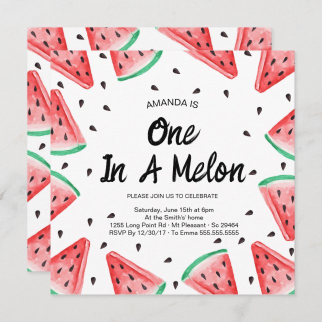 Invitation One in a Melon Watermelon Girl 1er anniversaire (Devant / Derrière)