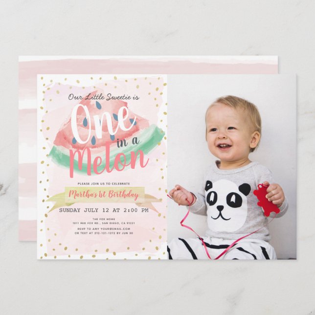 Invitation One in a Melon Watermelon Girl Photo 1er anniversa (Devant / Derrière)