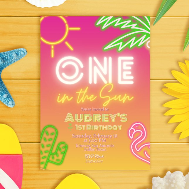 Invitation One in the Sun - Fille 1er anniversaire (One in the Sun - Girl 1st Birthday Pink Invitation - Pool Party)