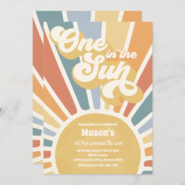 Invitation One In The Sun Retro Sunshine 1er Anniversaire (Devant / Derrière)