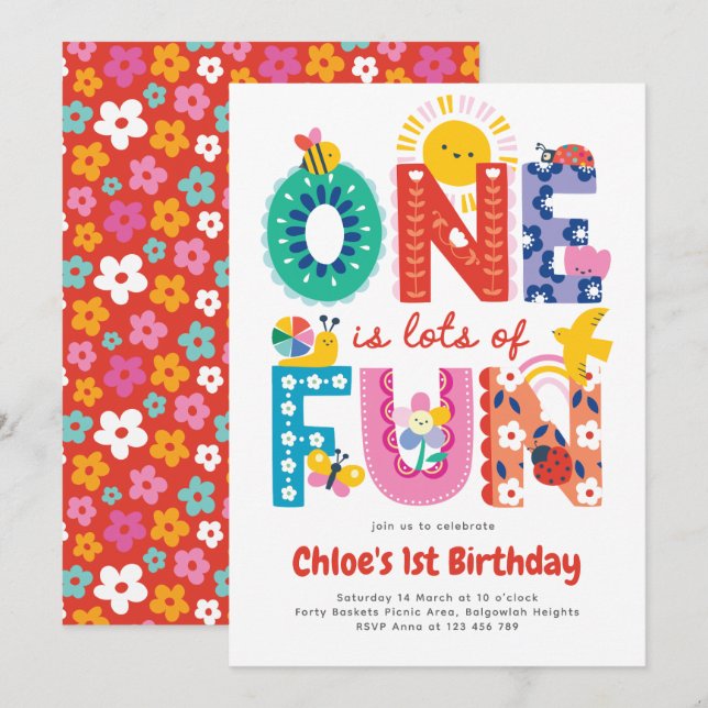 Invitation One is Fun Invitation, Girls First Birthday  (Devant / Derrière)
