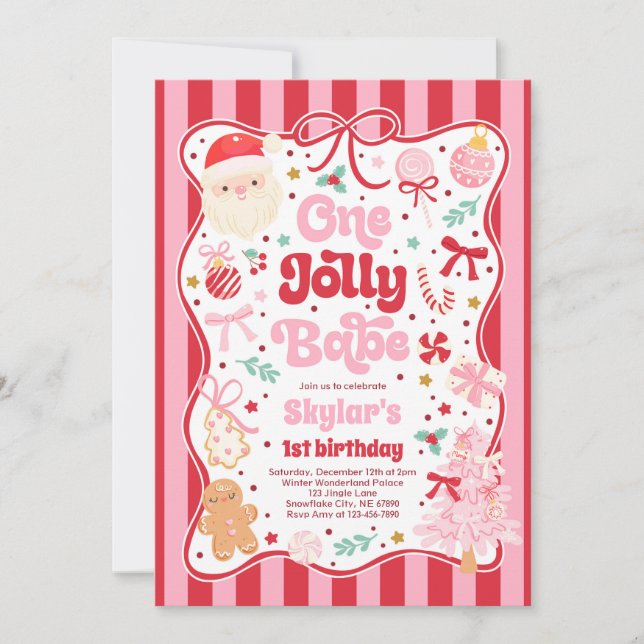 Invitation One Jolly Babe Christmas Coquette Bow 1st Birthday (Devant)
