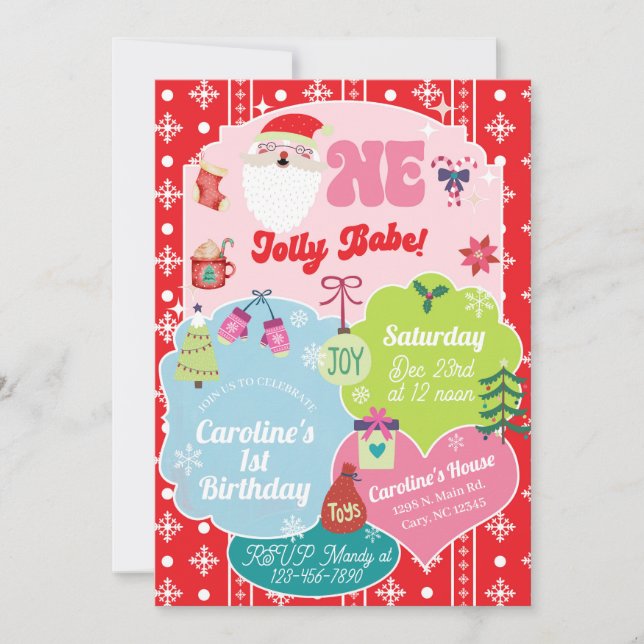 Invitation One Jolly Babe girl Christmas 1st birthday invite. (Devant)