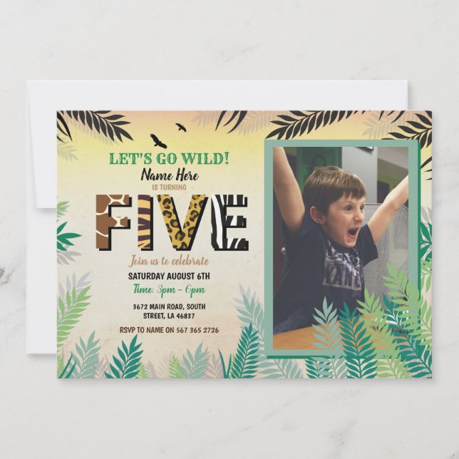 Invitation One Jungle 5e Anniversaire Party 5 Safari ZOO Phot (Devant)